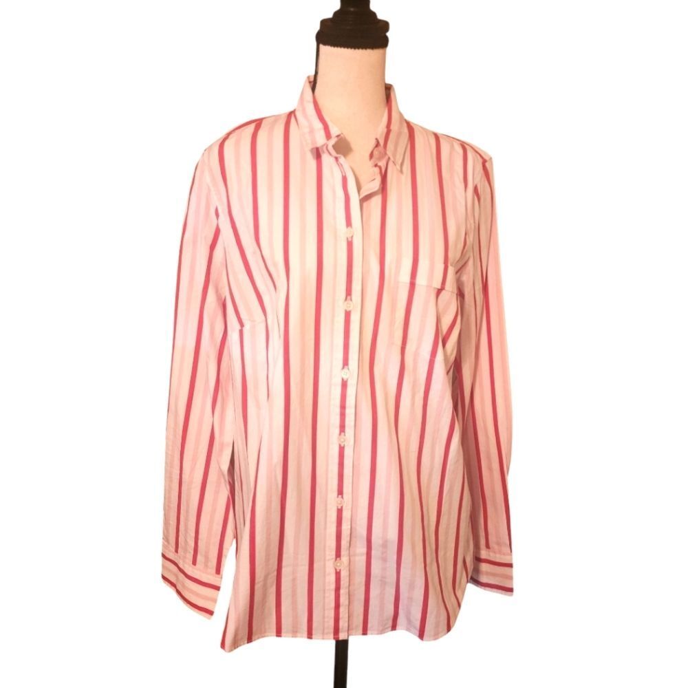J Crew Factory Striped Button Down Shirt in Pink, White, Red, Sz. L